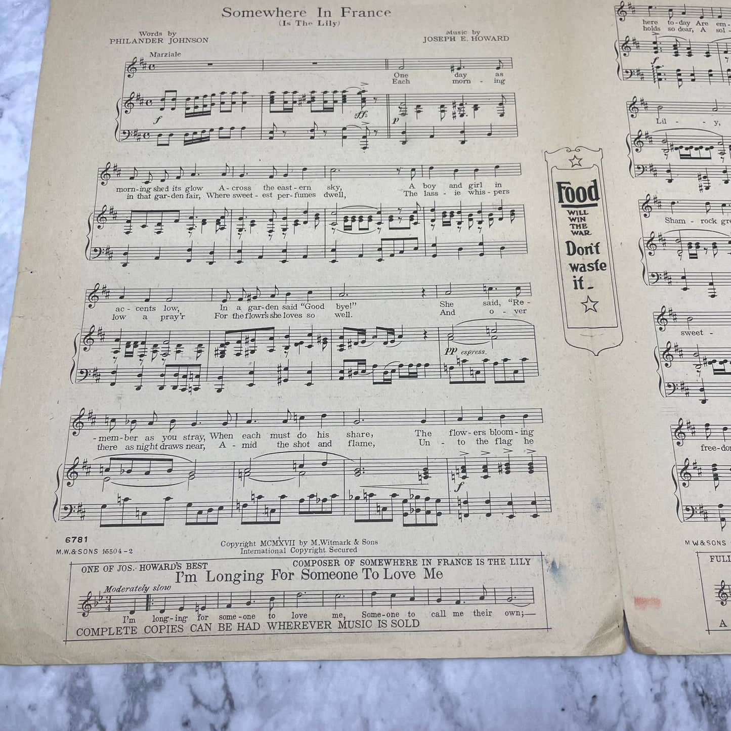 1917 SOMEWHERE IN FRANCE IS THE LILY WW1 Sheet Music by Howard, Johnson TJ4