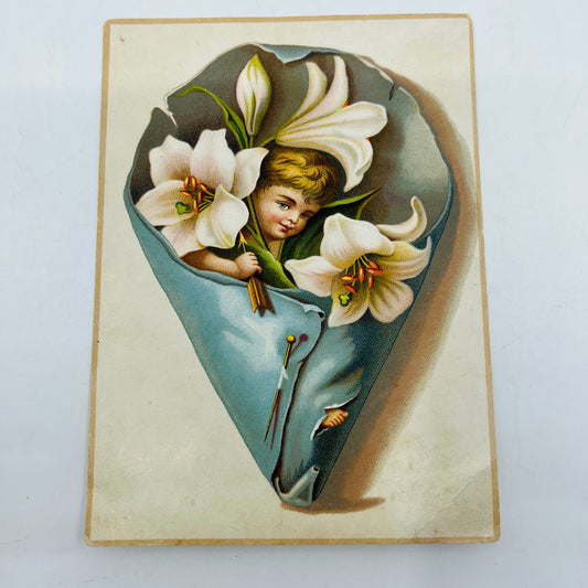 Victorian 1800s Trade Card Magnolia Cherub James B Hall Millinery Troy NY SAH9-2