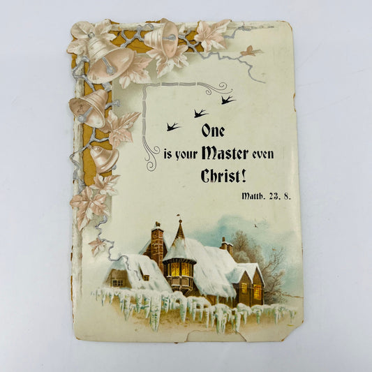 1880s Die Cut Victorian Greeting Card Winter Cottage Scene Matthew 23:8 SAH9-H7