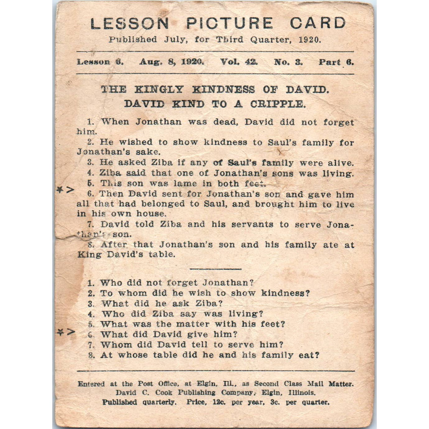 1920 Christian Lesson Picture Card The Kingly Kindness of David SE5