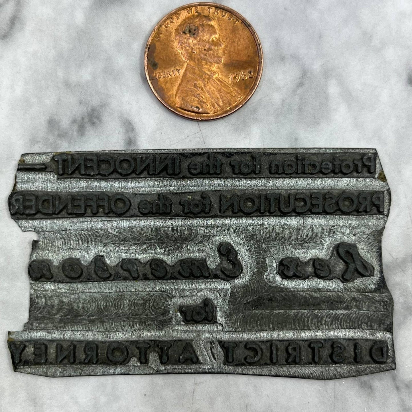 Vintage Letterpress Printers Block Plate Rex Emerson for District Attorney TJ59