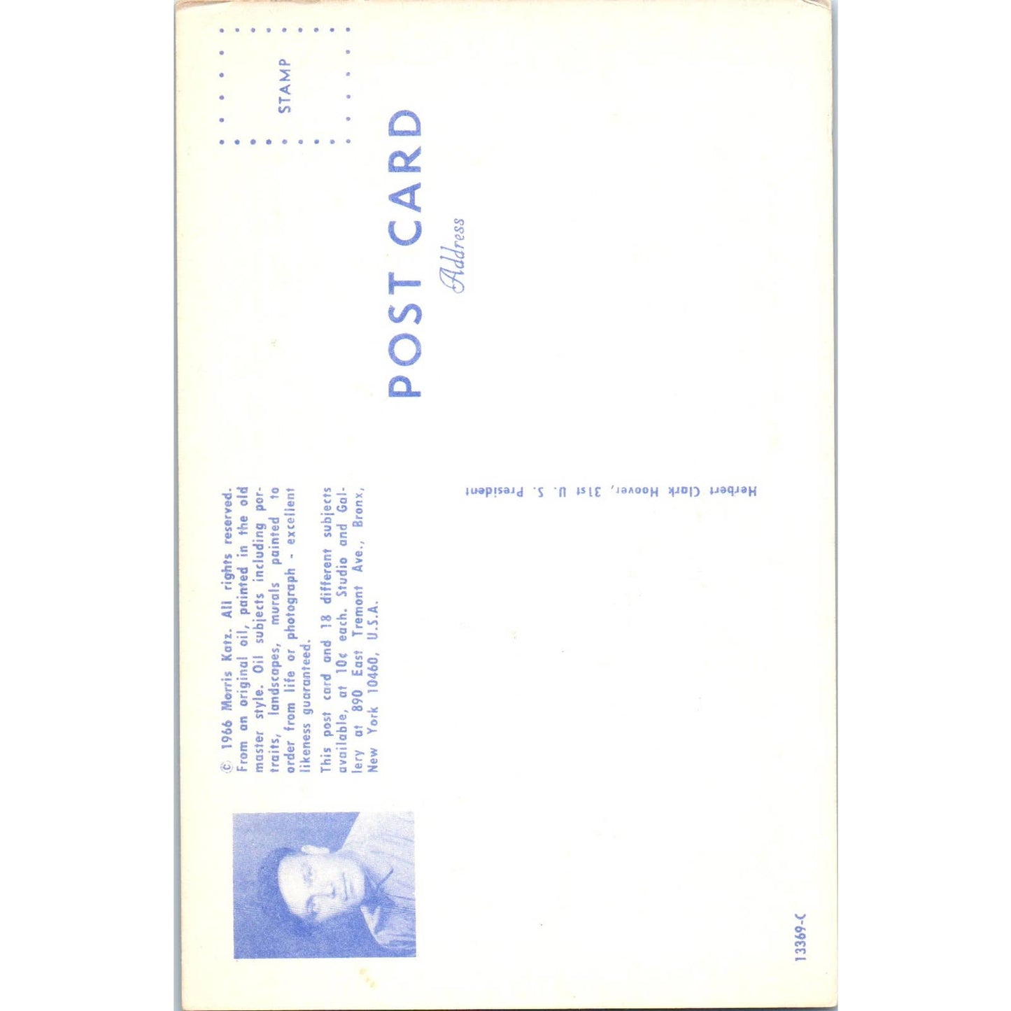 Herbert Hoover Portrait Morris Katz 1960s Original Postcard TK1-21