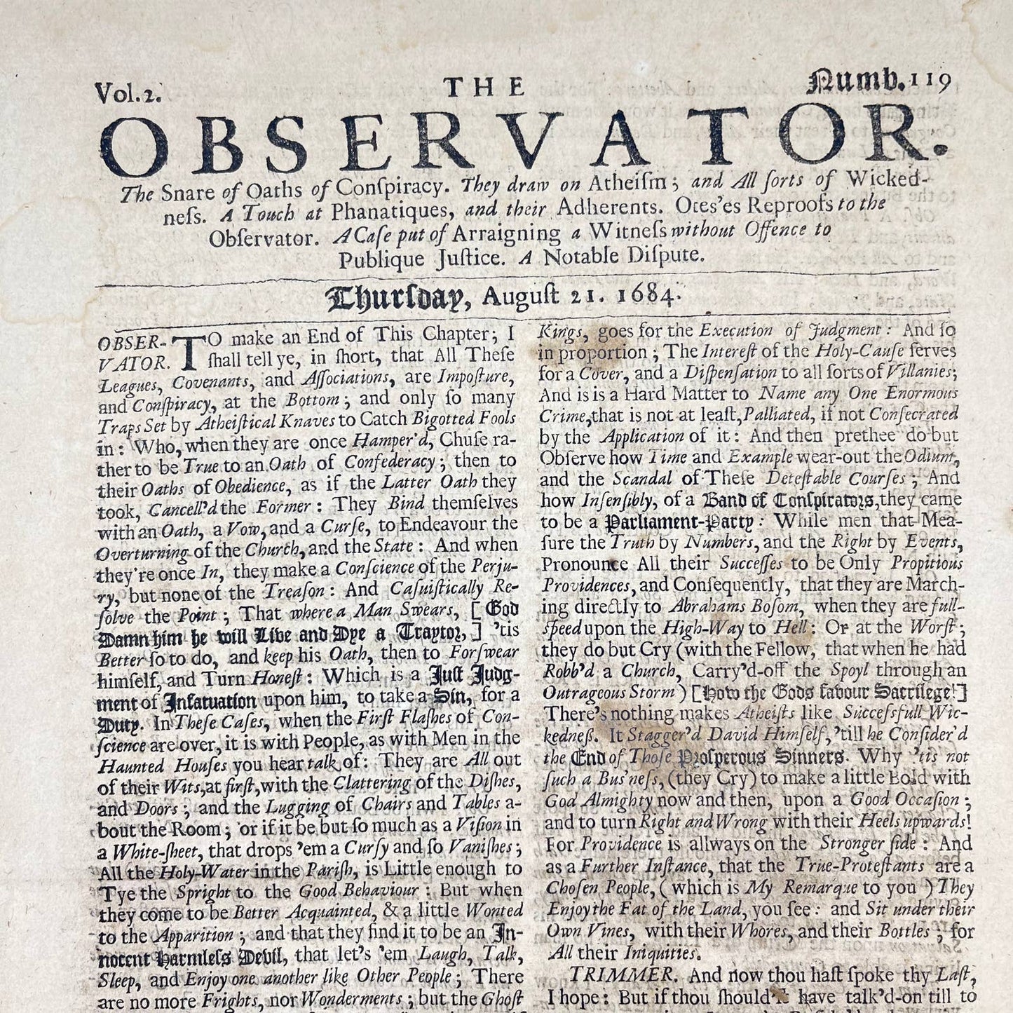1684 The Observator Newspaper Volume 2 Issue 119 London FL1
