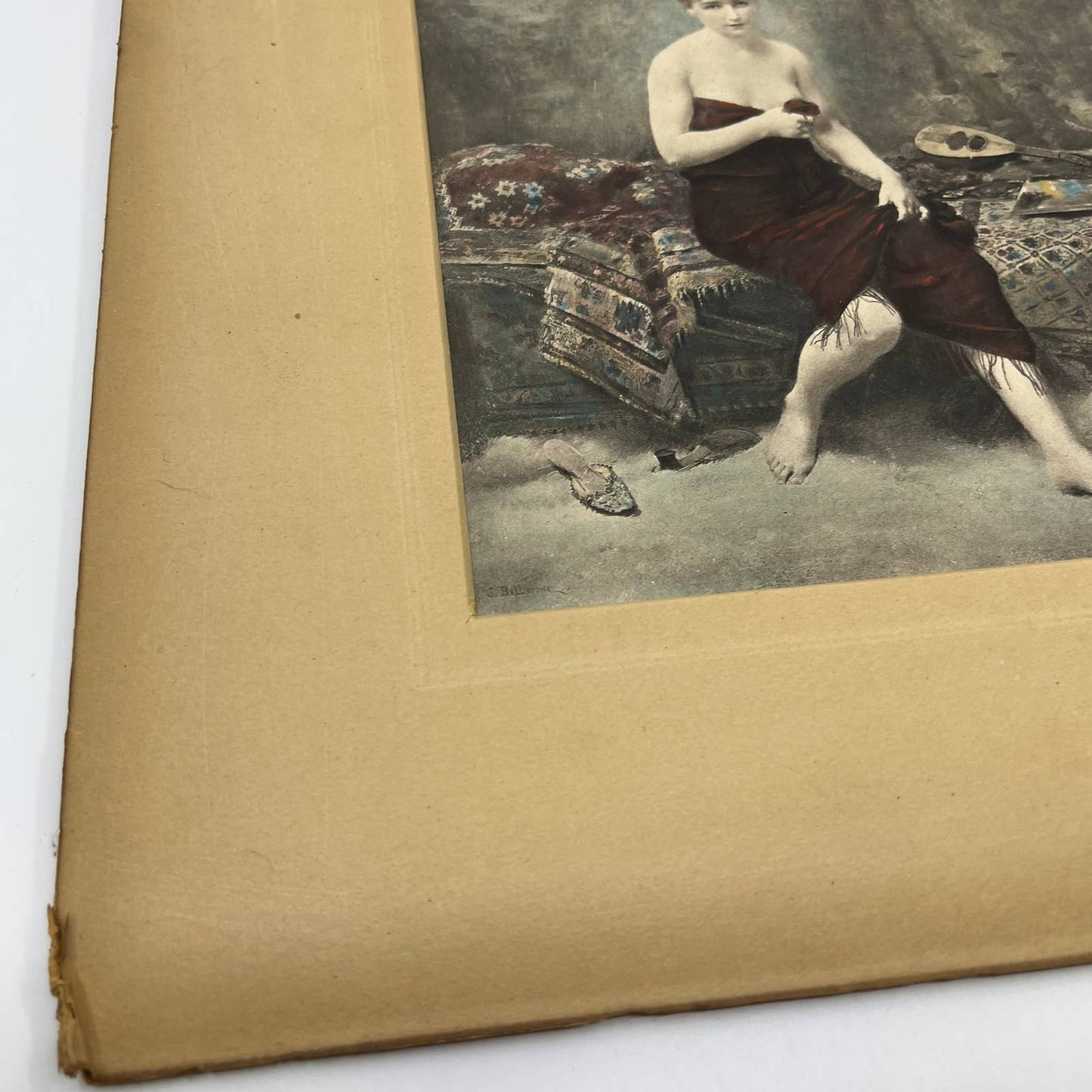 c1900 Victorian Matted Art Print Jules Ballavoine - Woman Holding Rose FL4