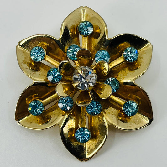 1950s MCM Mod Atomic Flower Powder Blue Rhinestone Brooch Gold Tone SA6