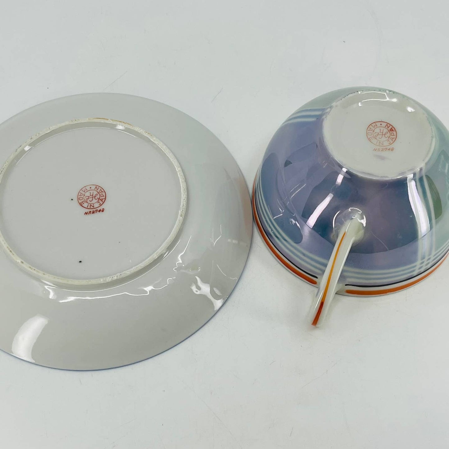 Vtg RARE Japanese Iridescent Opal Lusterware Blue Stripe Cup and Saucer Set TC6