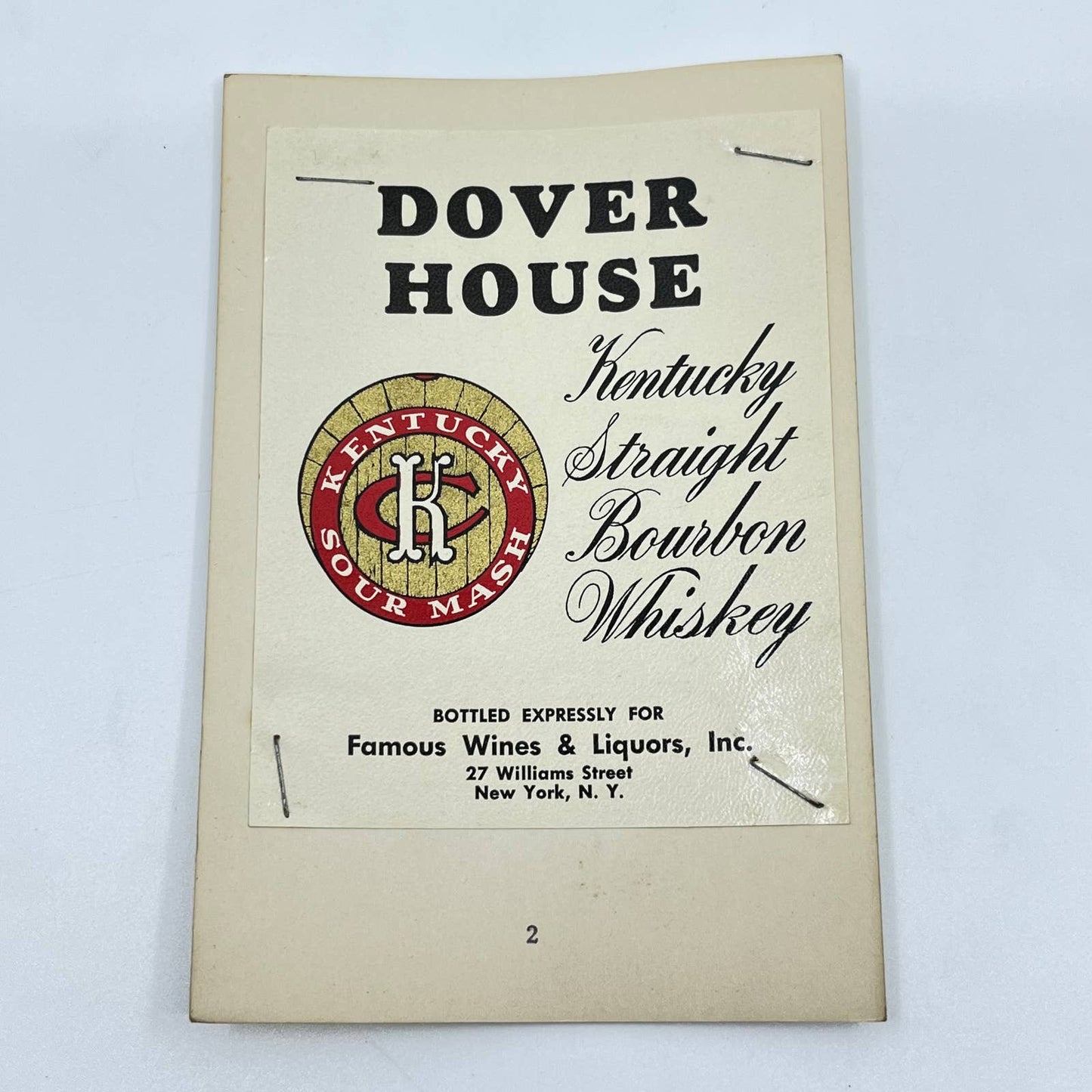 Dover House Bourbon Whiskey Label Famous Wines & Liquors 27 Williams St. NYC NY