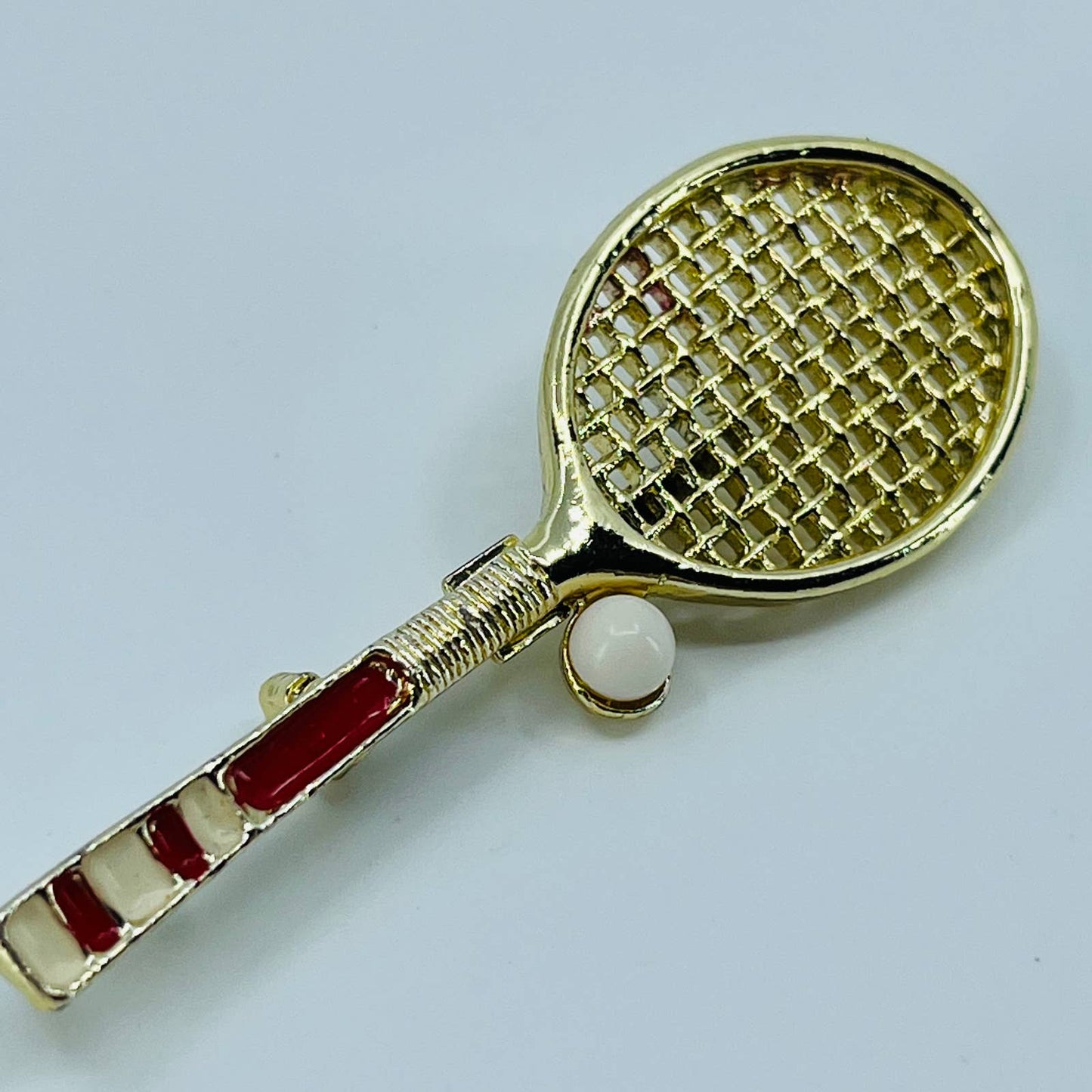 Vintage Gerry’s Enamel Paint Tennis Racket Brooch Gold Tone SA6