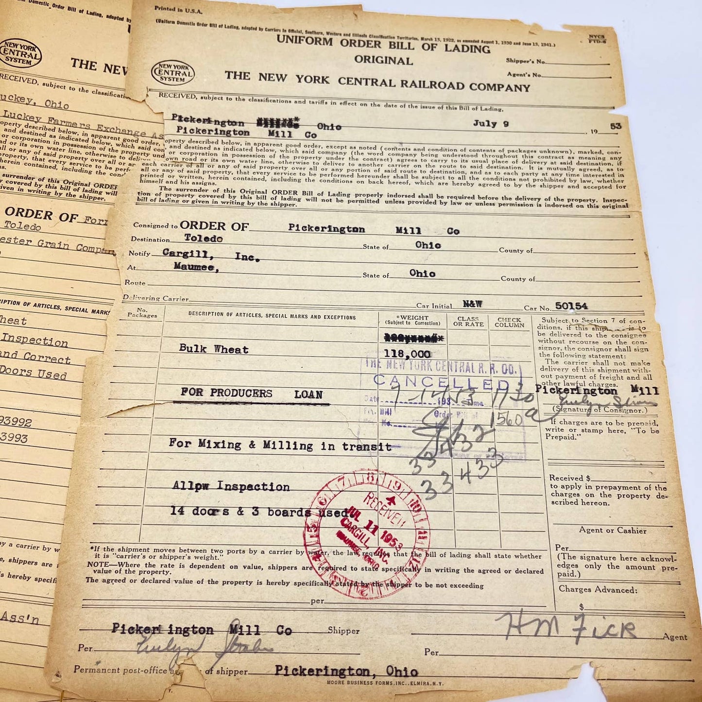 1953 The New York Central Railroad Co RR Original Bill of Lading Lot of 10 AB1-3