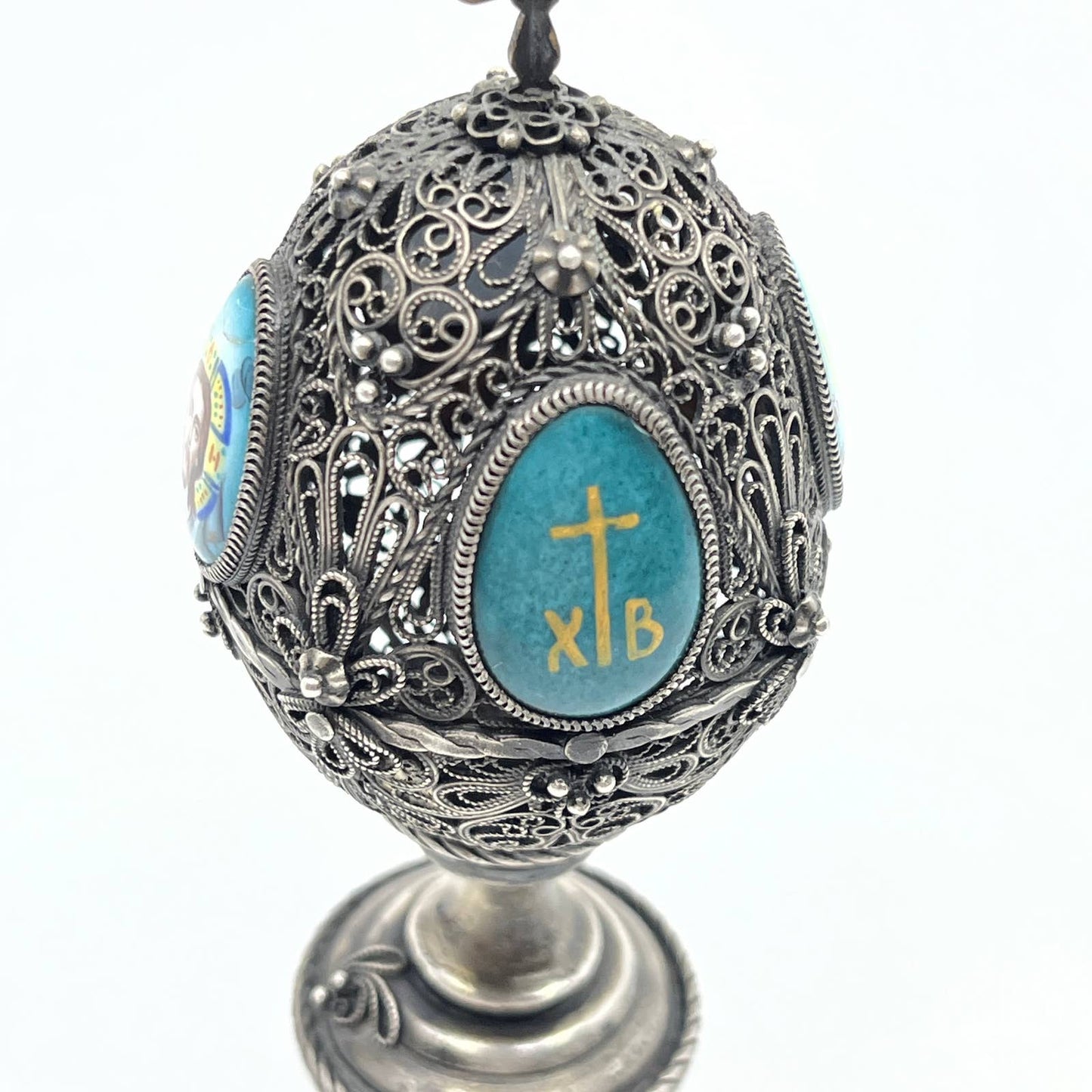 Vintage Russian Pewter Filagree Egg Catholic Jesus and Mary XB 4" TF6