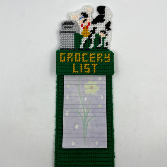 Retro Kitsch Cross Stitch Canvas Grocery List Holder Magnet Cow Farm TC3