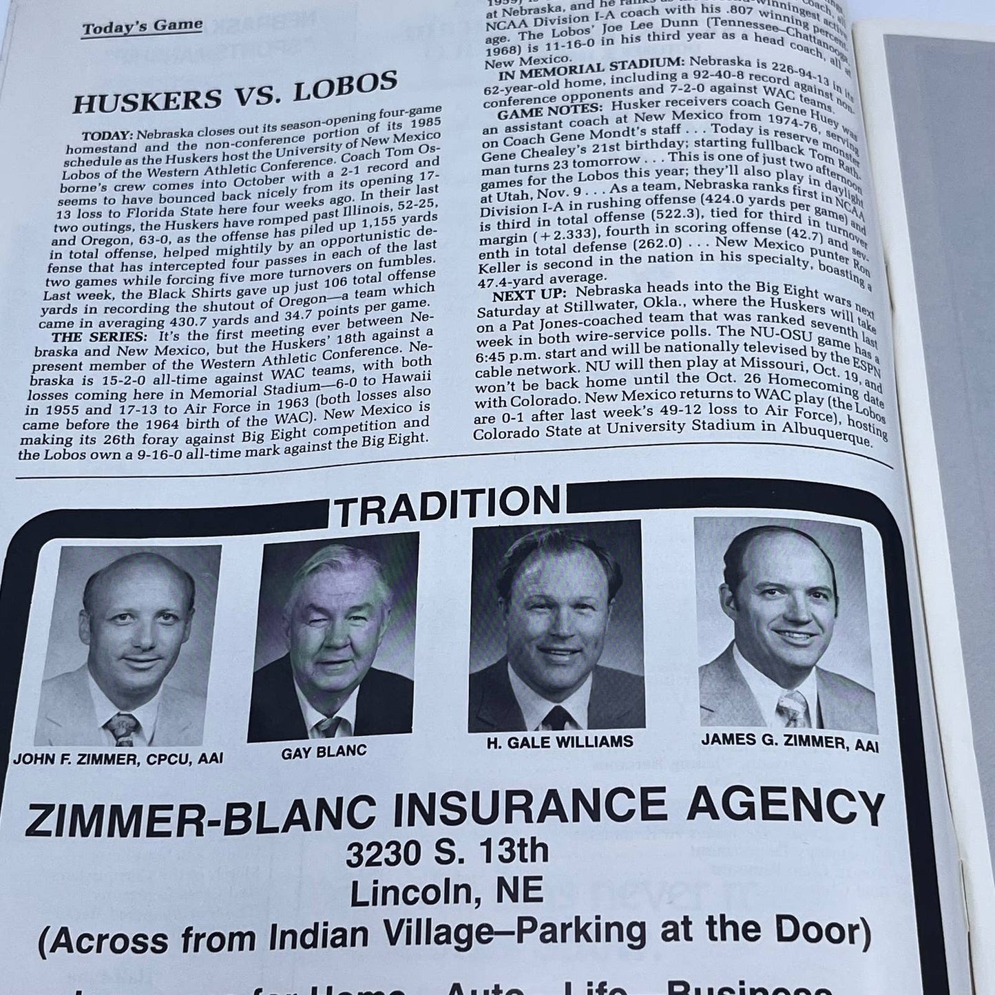 1985 Nebraska Cornhuskers vs. New Mexico Gameday Football Program TH6