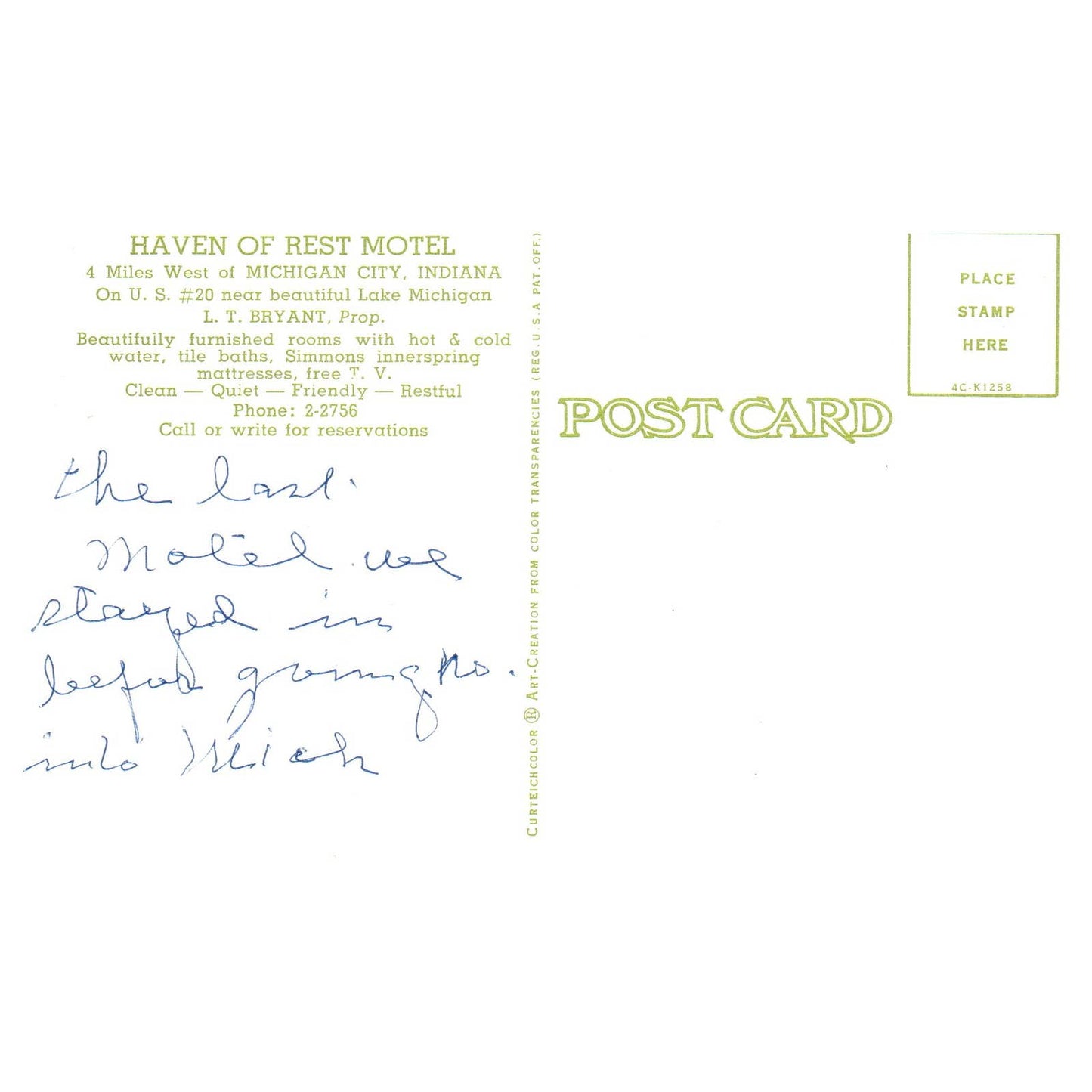 Vintage Postcard - Haven of Rest Motel Michigan City Indiana AD9