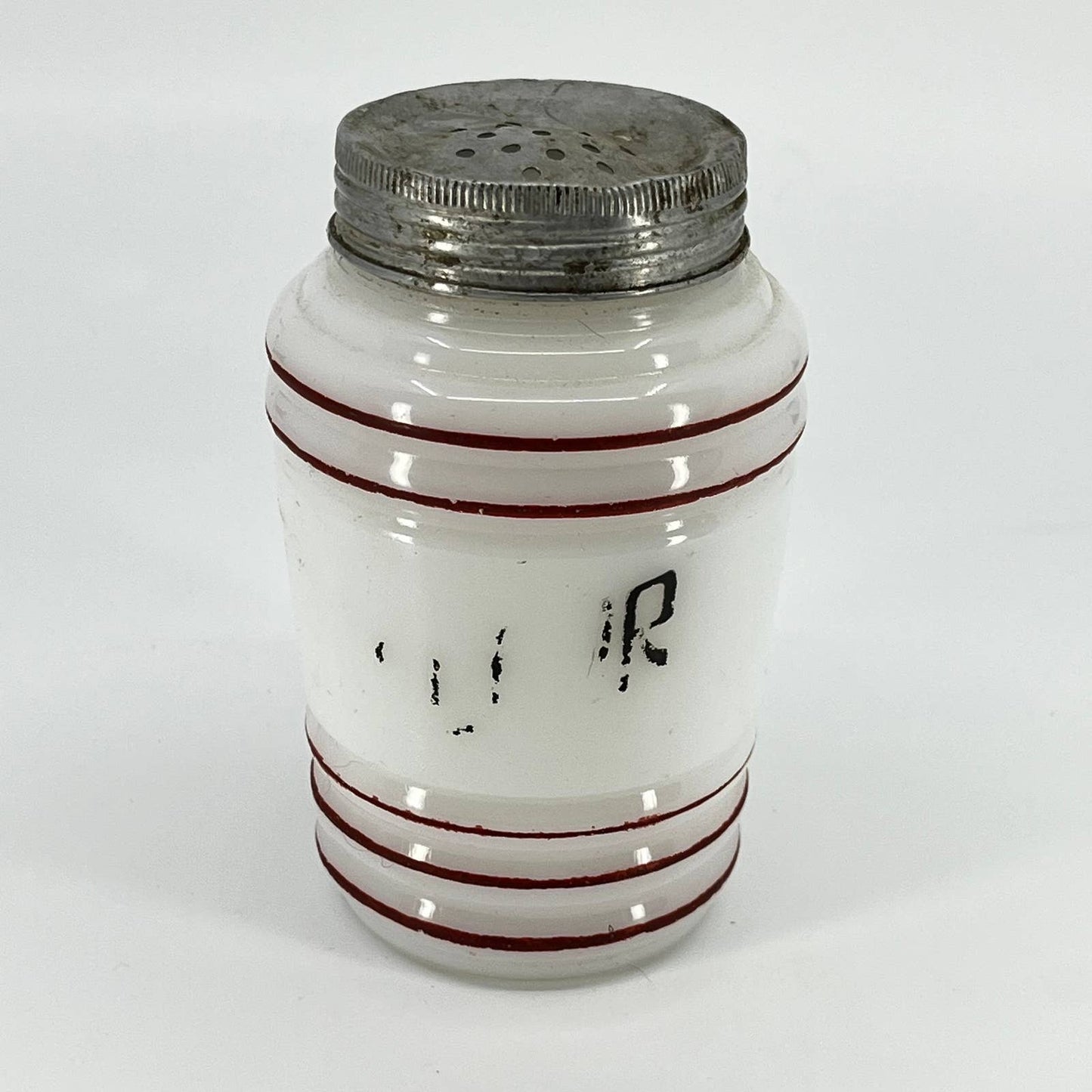 1940s Hazel Atlas Red Stripe Platonite Beehive Flour Shaker Milk Glass 4.5” TD8