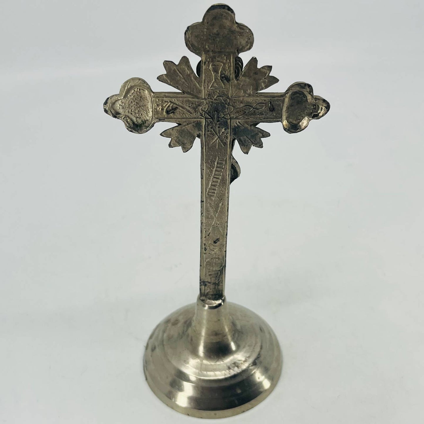 Art Deco Ornate Jesus Christ Table Crucifix Cross Chrome & Wood 8.5” TC4