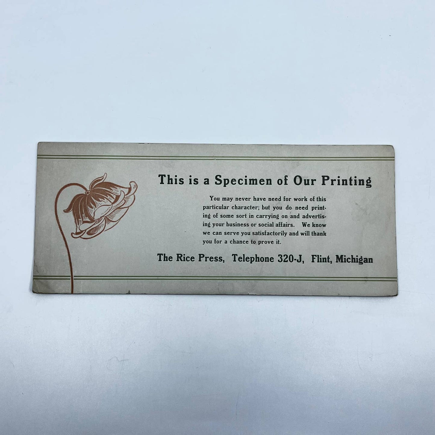 1910s Blotter Card The Rice Press Pink Flower Flint MI SC8