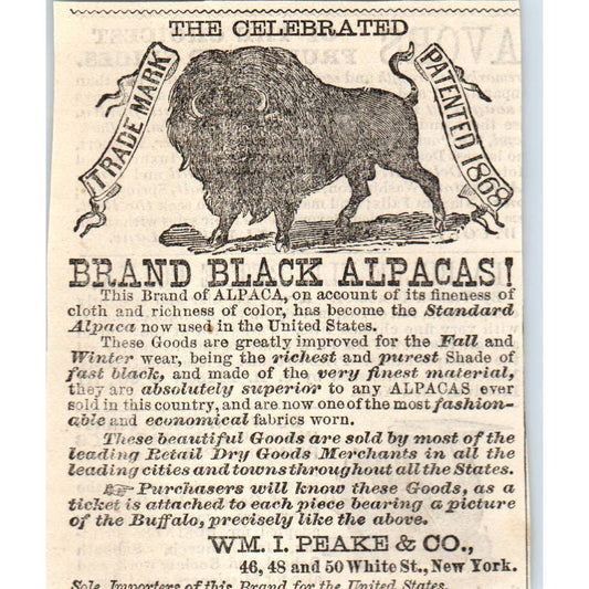 1878 Peterson's Magazine Ad - Brand Black Alpacas WM. I. Peake & Co NY SF2