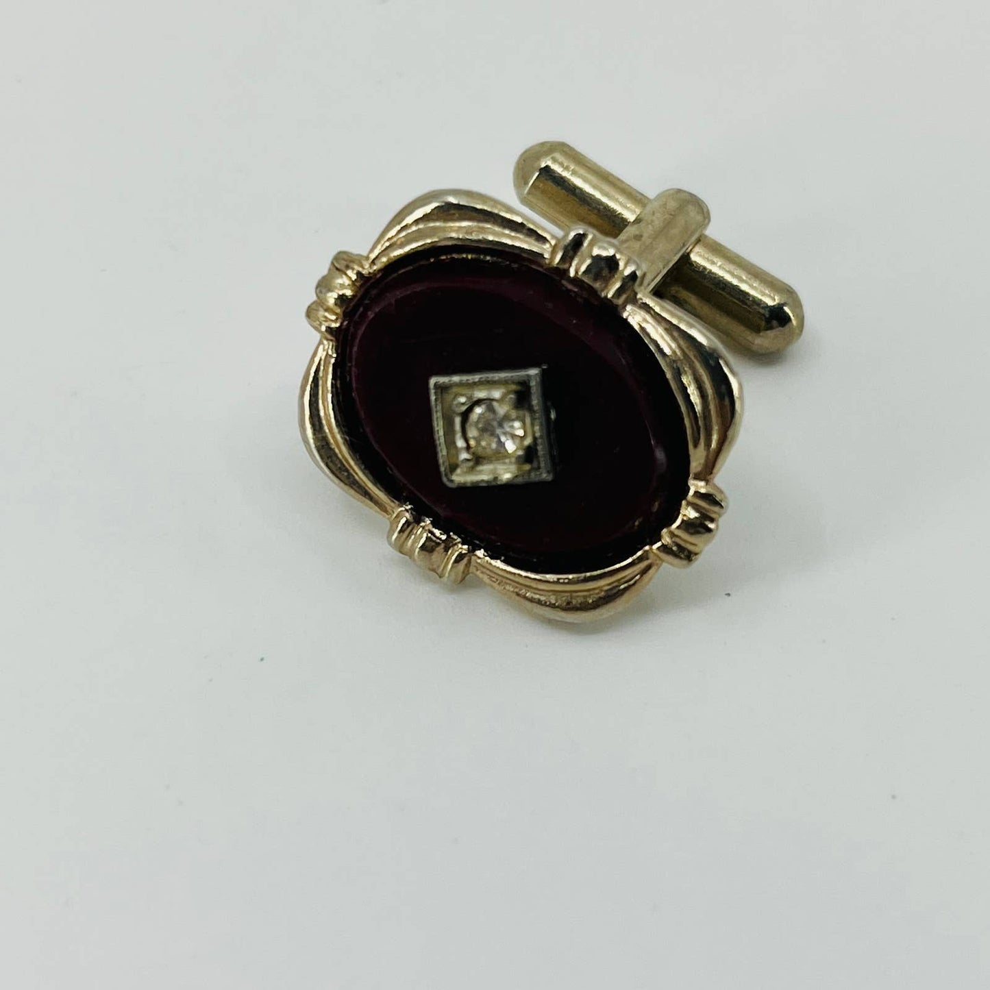 Vintage Art Deco Chrome Red Bakelite Rhinestone Cufflinks & Tie Clip Set SB2