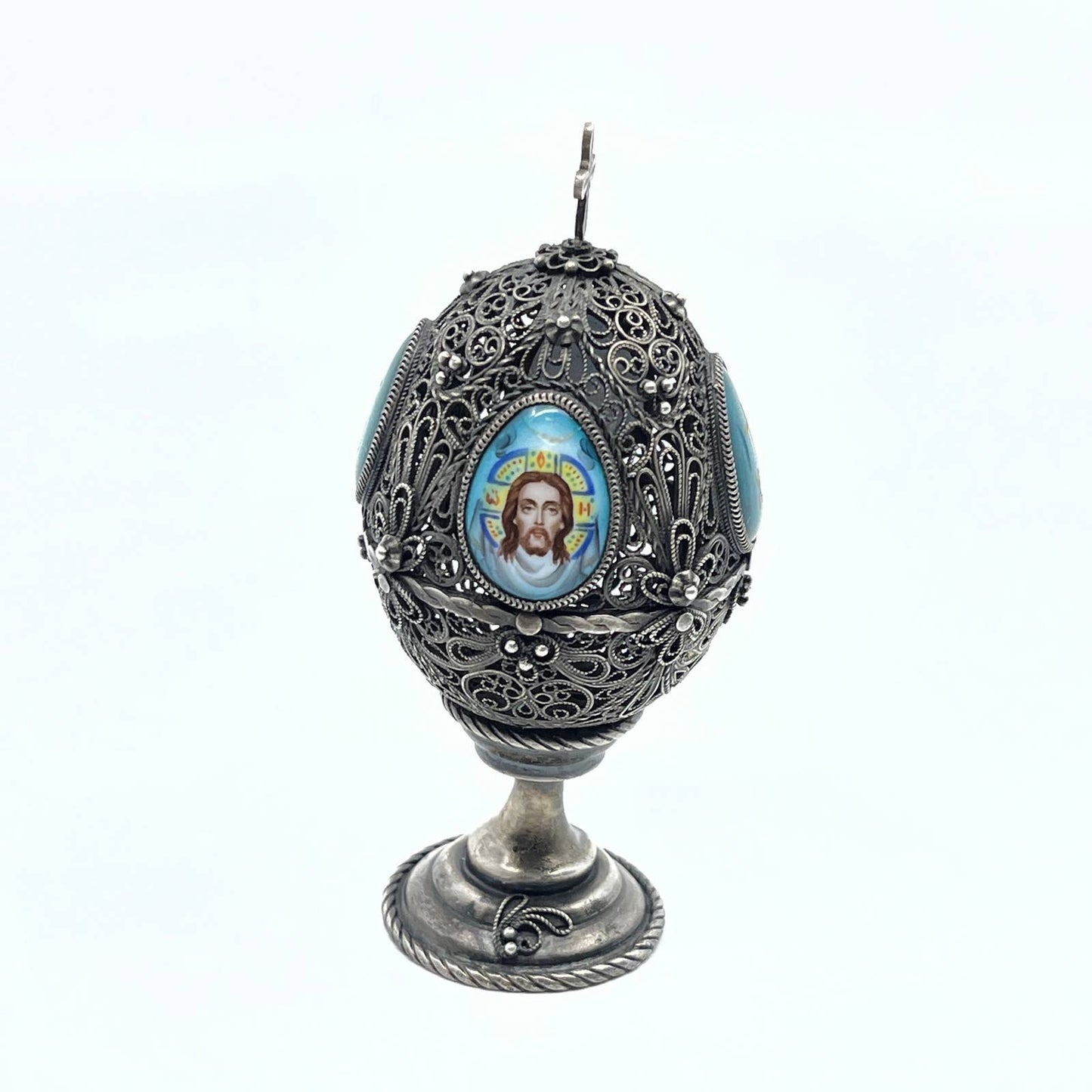 Vintage Russian Pewter Filagree Egg Catholic Jesus and Mary XB 4" TF6