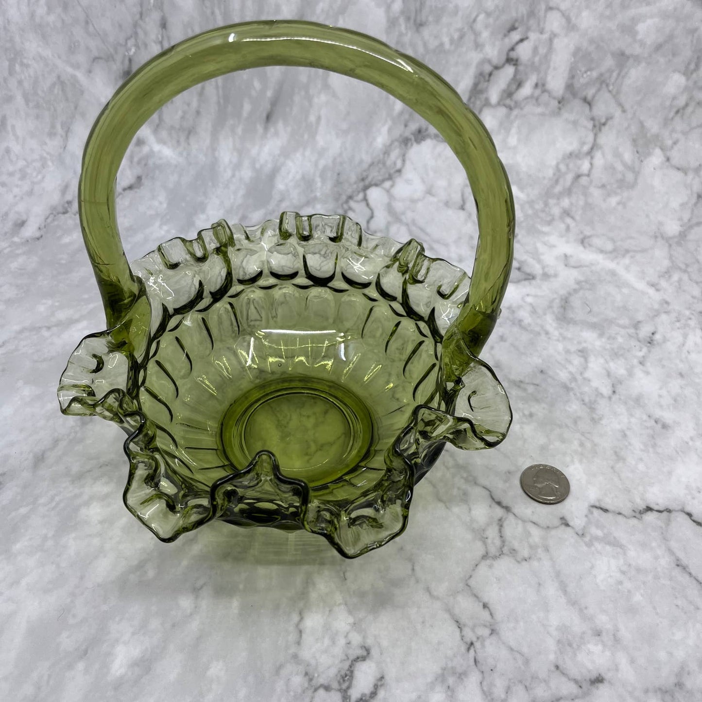 Vintage FENTON Colonial Green Glass 8" Basket Ruffled Edge Thumbprint Design TA2