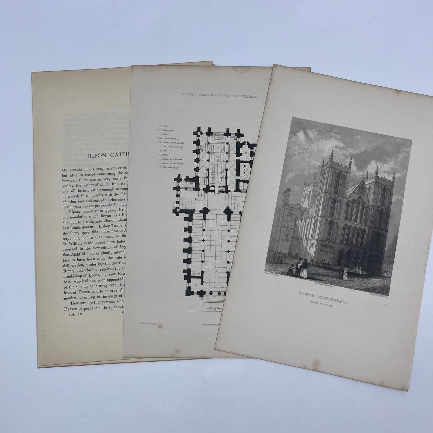 1842 Original Art Engraving Ripon Cathedral, Floor Plan and Bio TG6