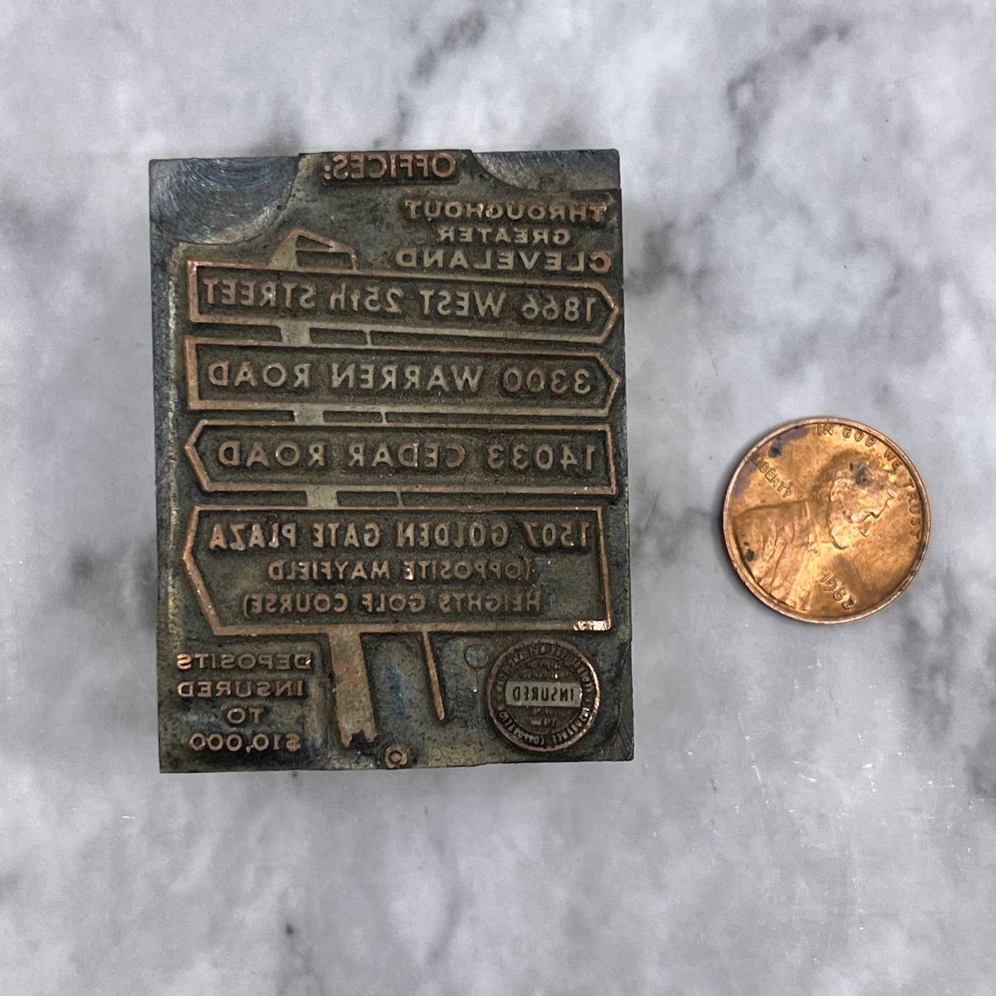 Vintage Printing Letterpress Printers Block Plate Cleveland Bank Sign TJ512