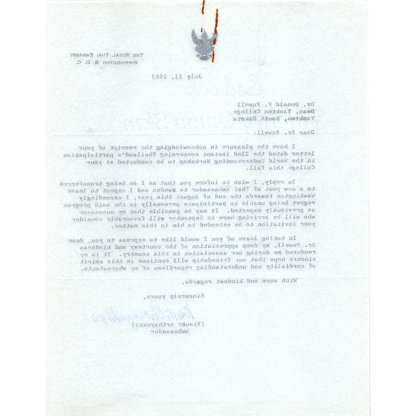 The Royal Thai Embassy Letterhead Memo Visutr Arthayukti July 1963 B15