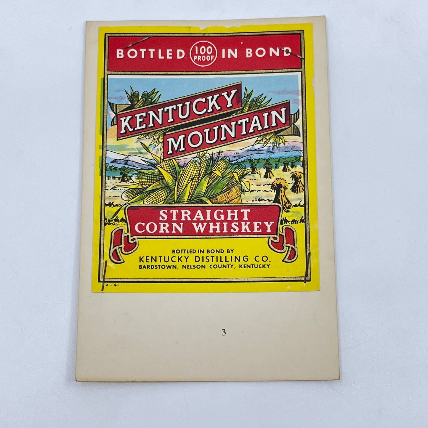Kentucky Mountain Corn Whiskey Label Kentucky Distilling Co. Bardstown KY