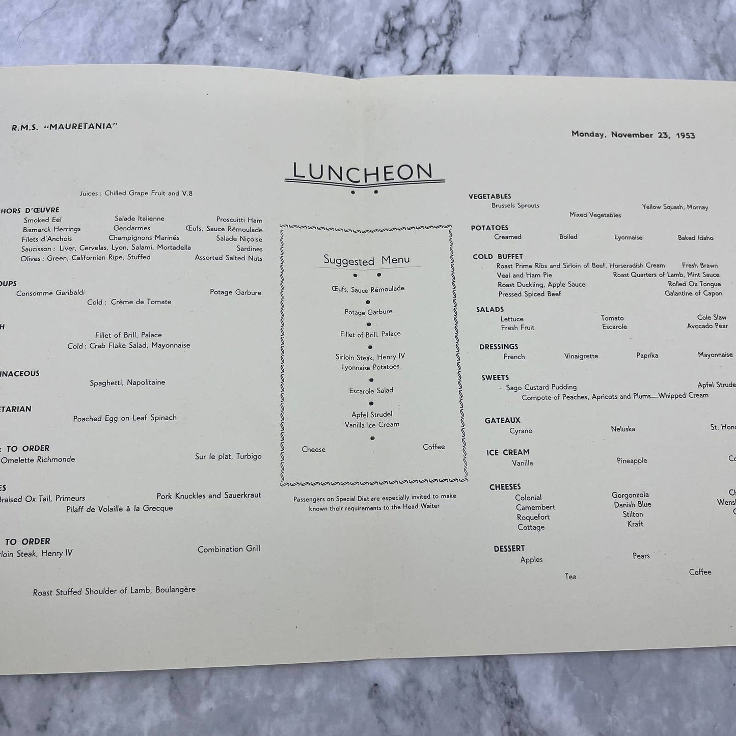 Original 1953 Cunard R.M.S. Mauretania Luncheon Menu Cruise Ship Fly Fishing TD8