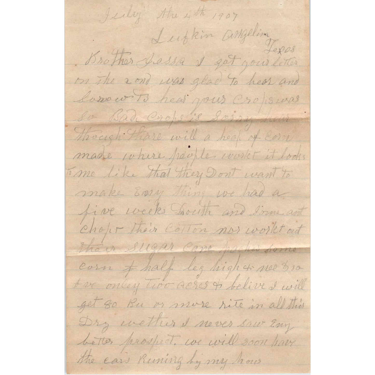 1907 Letter and Envelope W.M. Peavy Lufkin TX to J.M. Peavy Shreve AL AD6