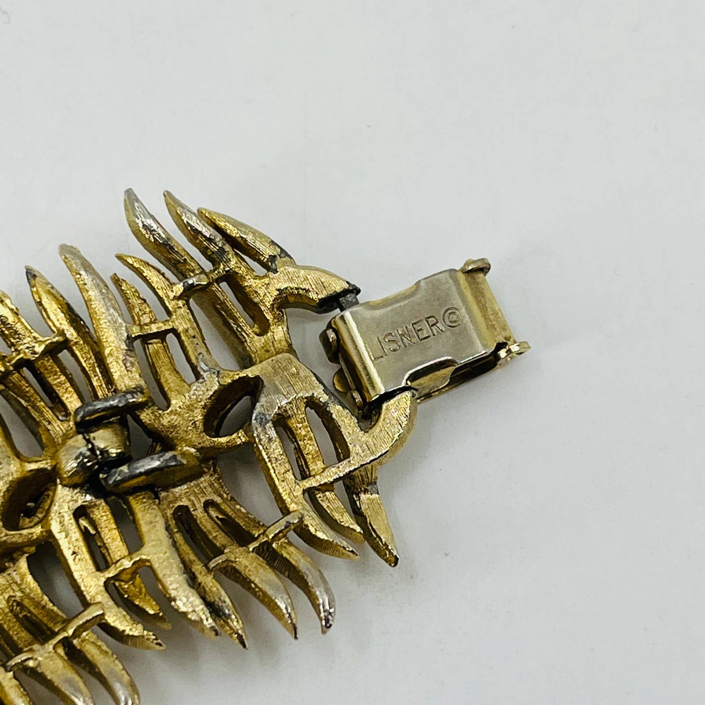 1950s MCM Iconic LINSER Signed Bracelet Early Brushed Feather Gold Tone Chic SB7