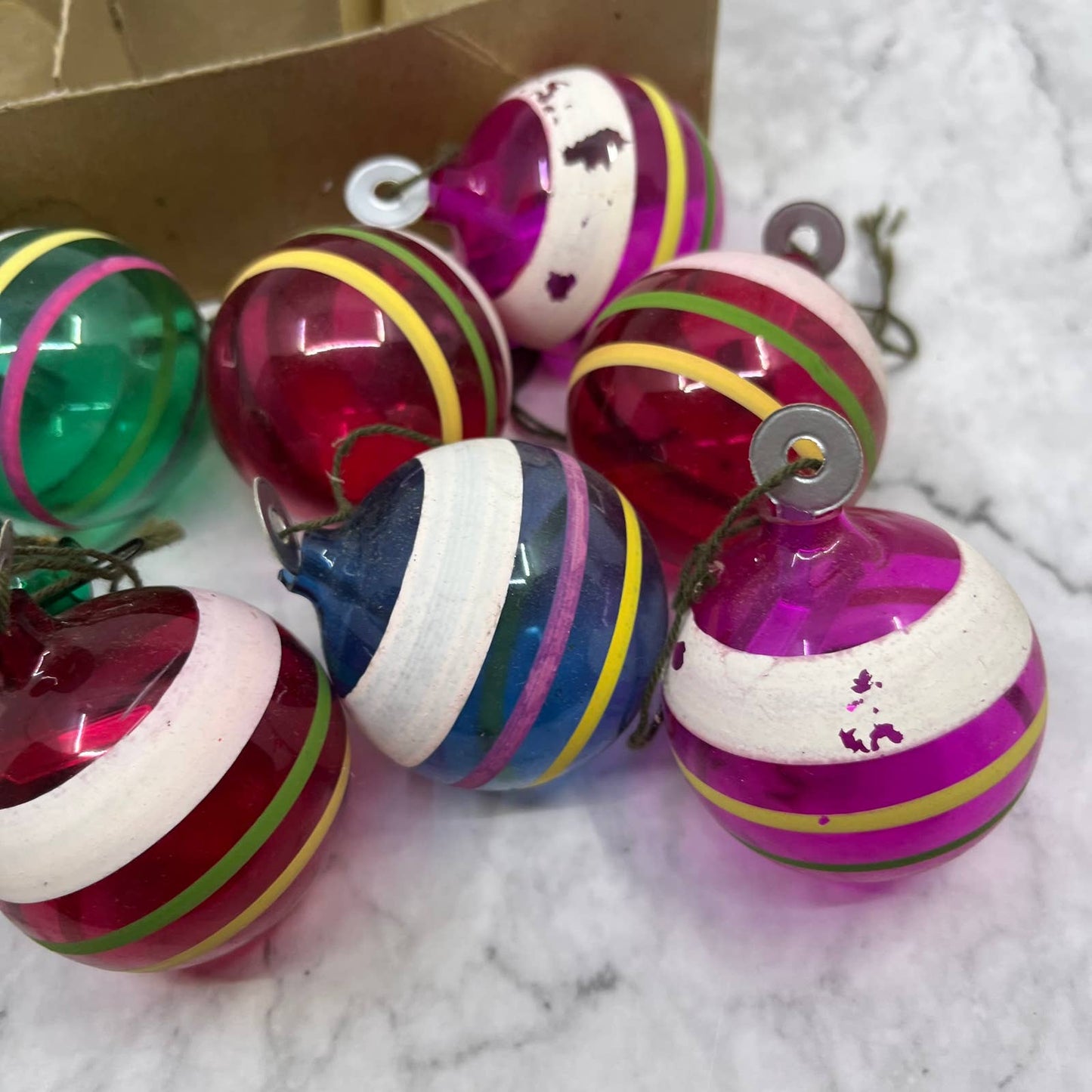 RARE WWII Era Unsilvered SHINY BRITE Striped Glass Ball Ornaments Lot of 11