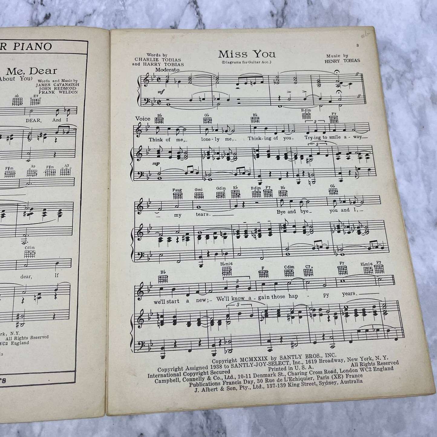 VINTAGE SHEET MUSIC - MISS YOU by Henry Tobias and Charlie Tobias TI1