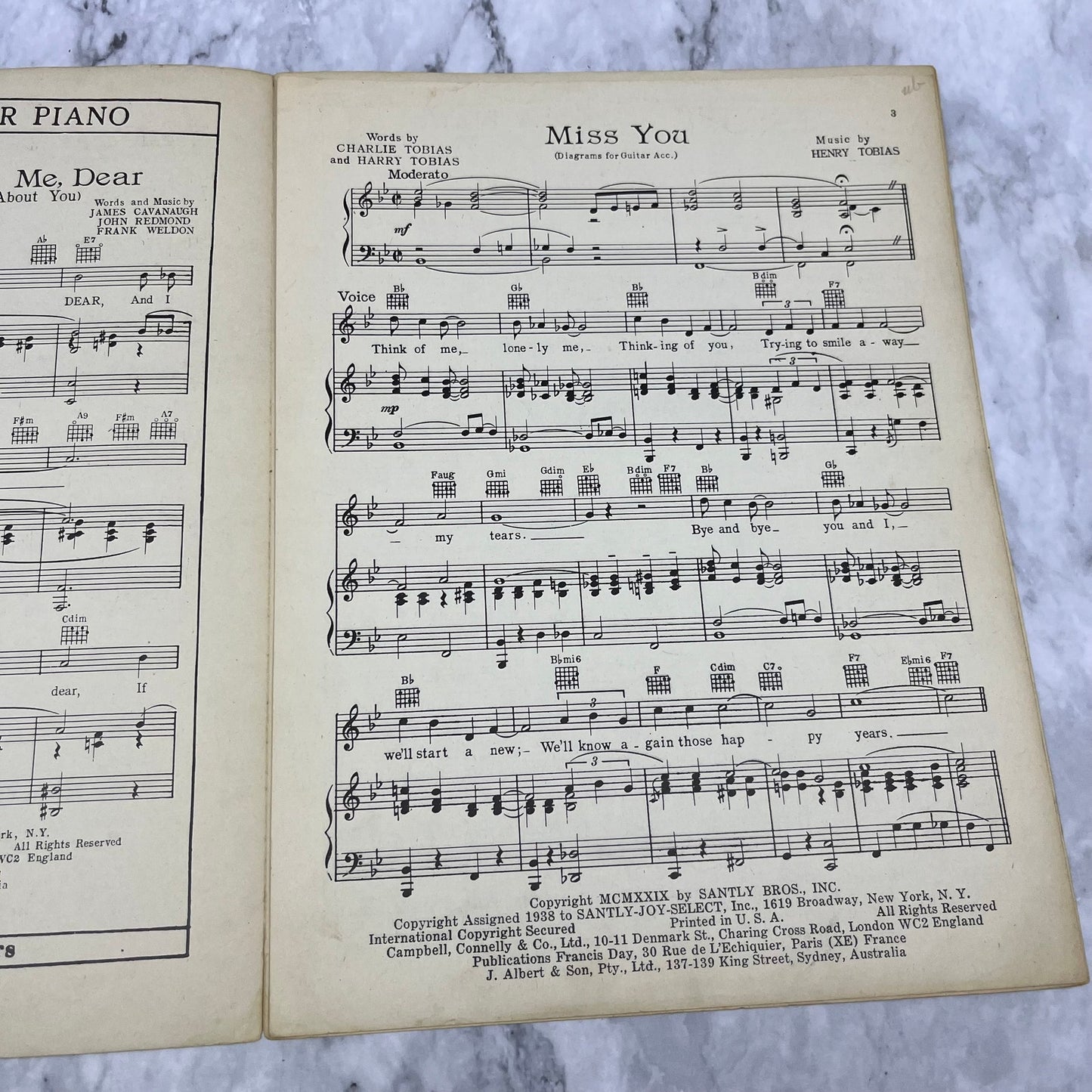 VINTAGE SHEET MUSIC - MISS YOU by Henry Tobias and Charlie Tobias V39-3