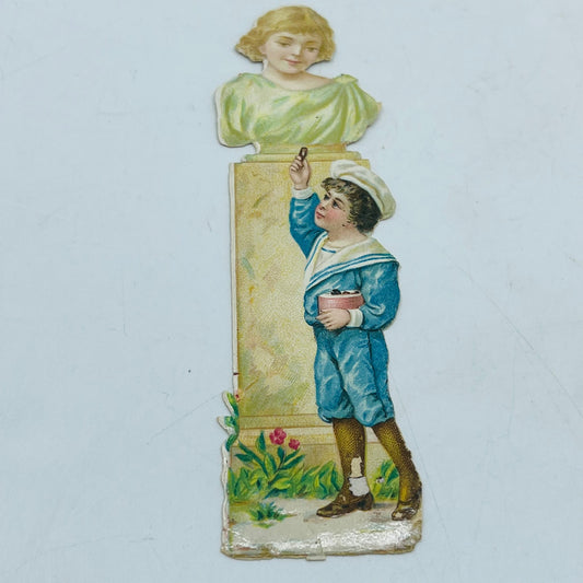 1880s Embossed Victorian Die Cut Scrap Blue Boy and Statue Woman 4.5x1.5” AH9-M9