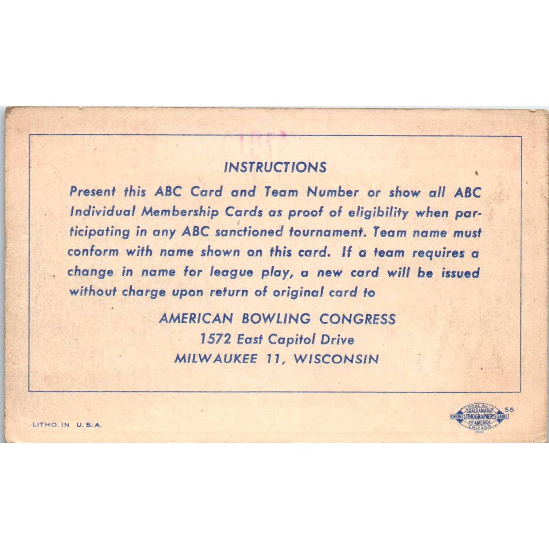 1953 American Bowling Congress Milwaukee Card Walker Lodge K of P 123 SE5-52