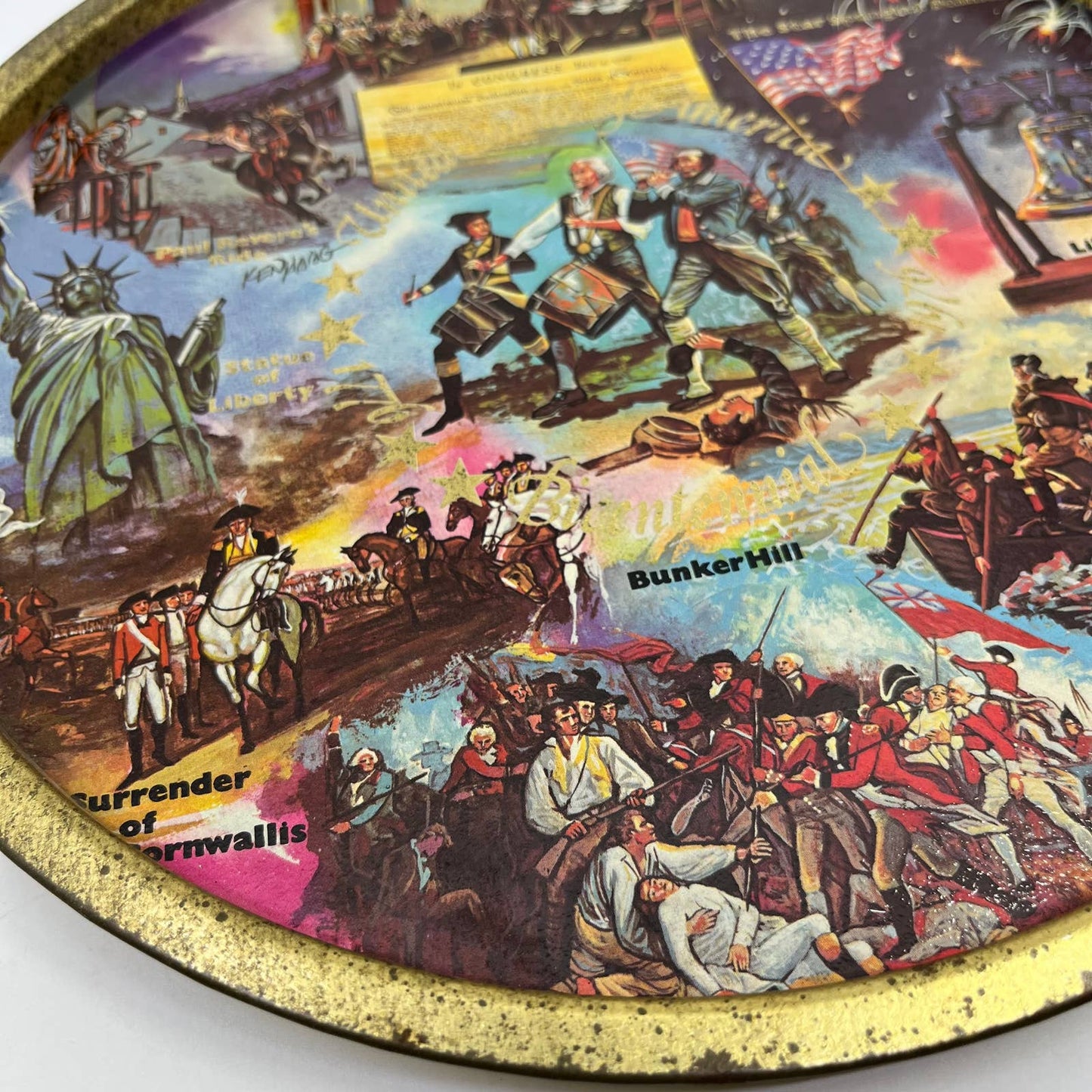 Vintage Black & Gold Metal State Souvenir Plate Tray US Bicentennial 11” TH2-2