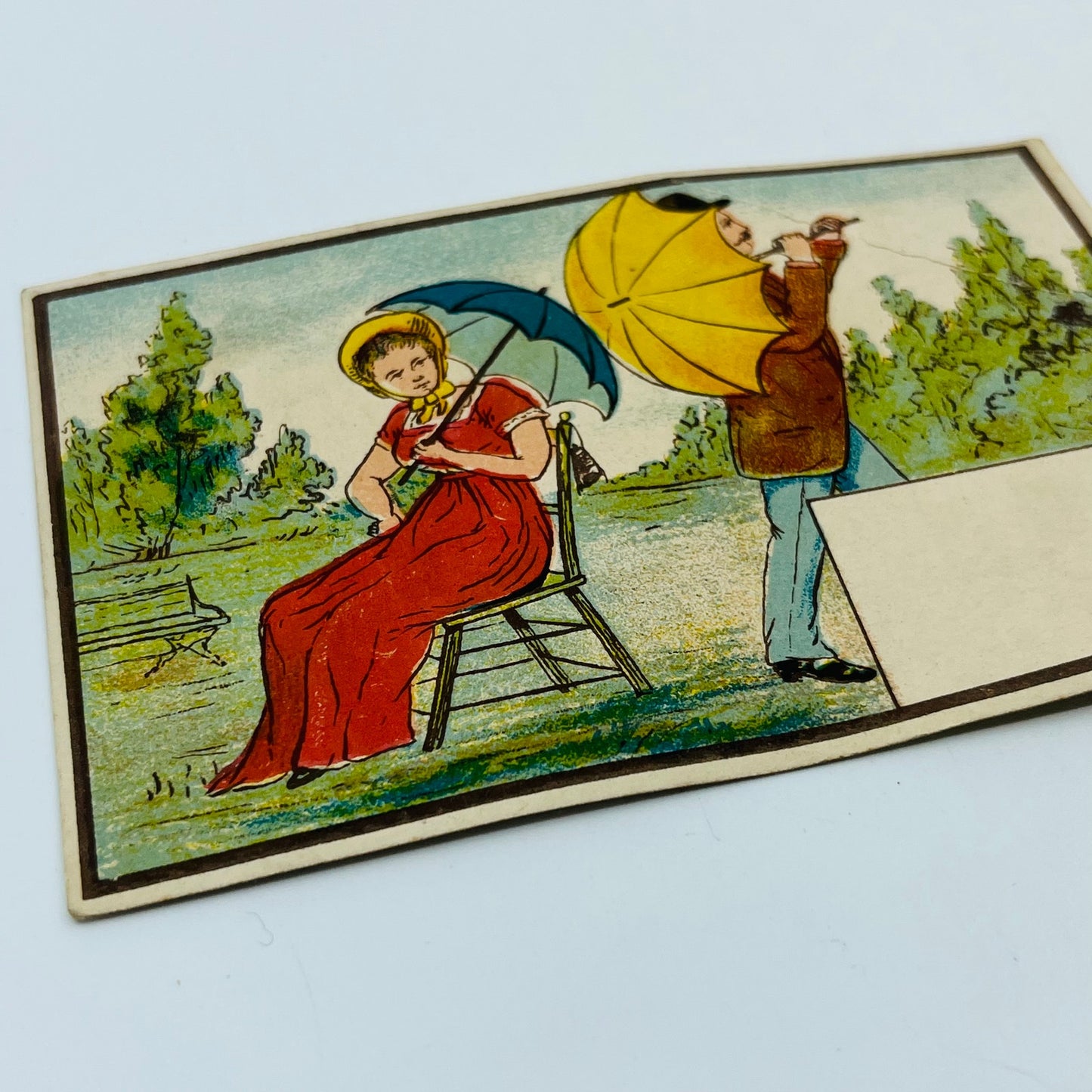 1880's VICTORIAN TRADE CARD LITHO Man & Woman W/ Umbrellas Sample Blank AH9-M9