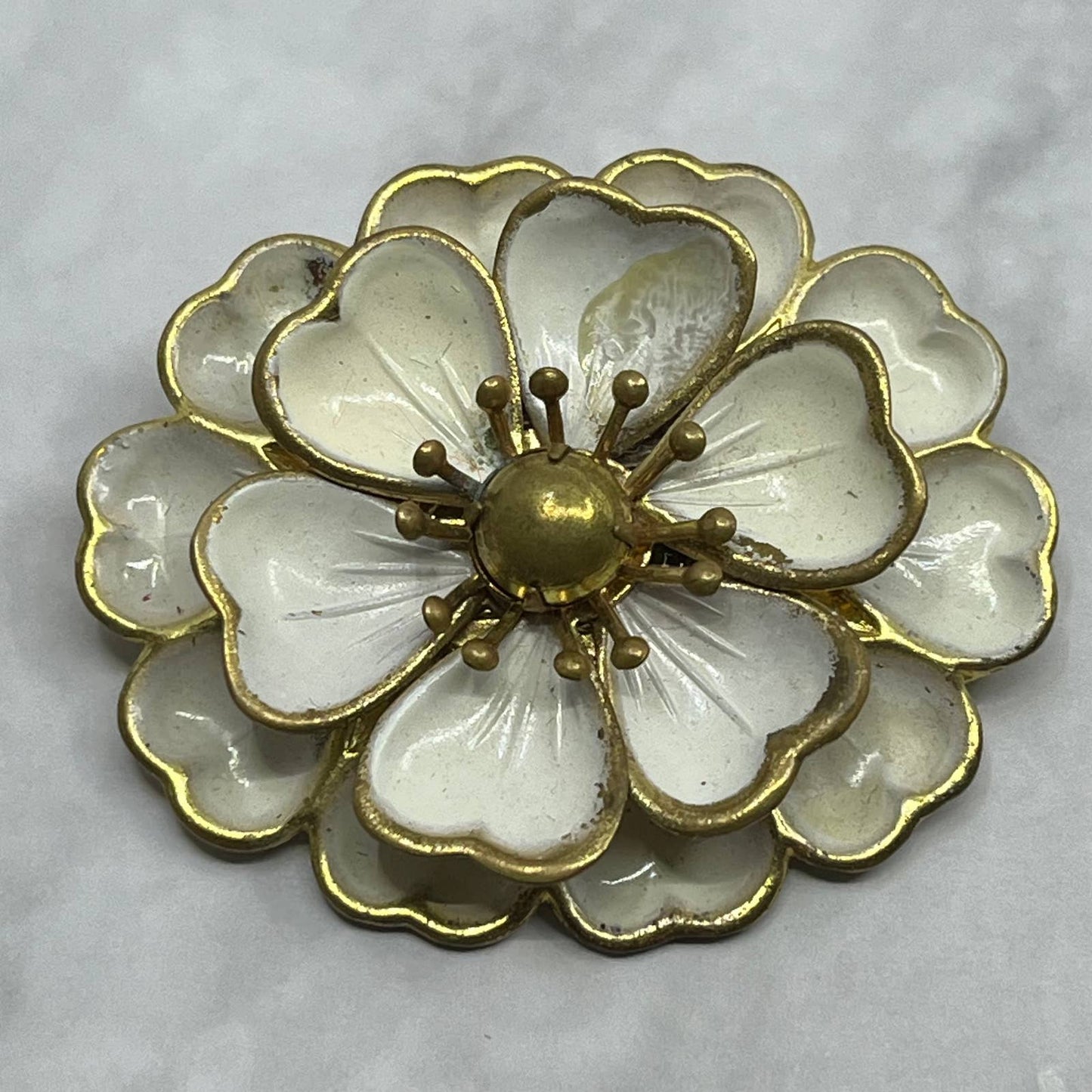 MCM Brooch Brass Tone Textured Flowers Cream Enamel Bead Center Vintage SE6