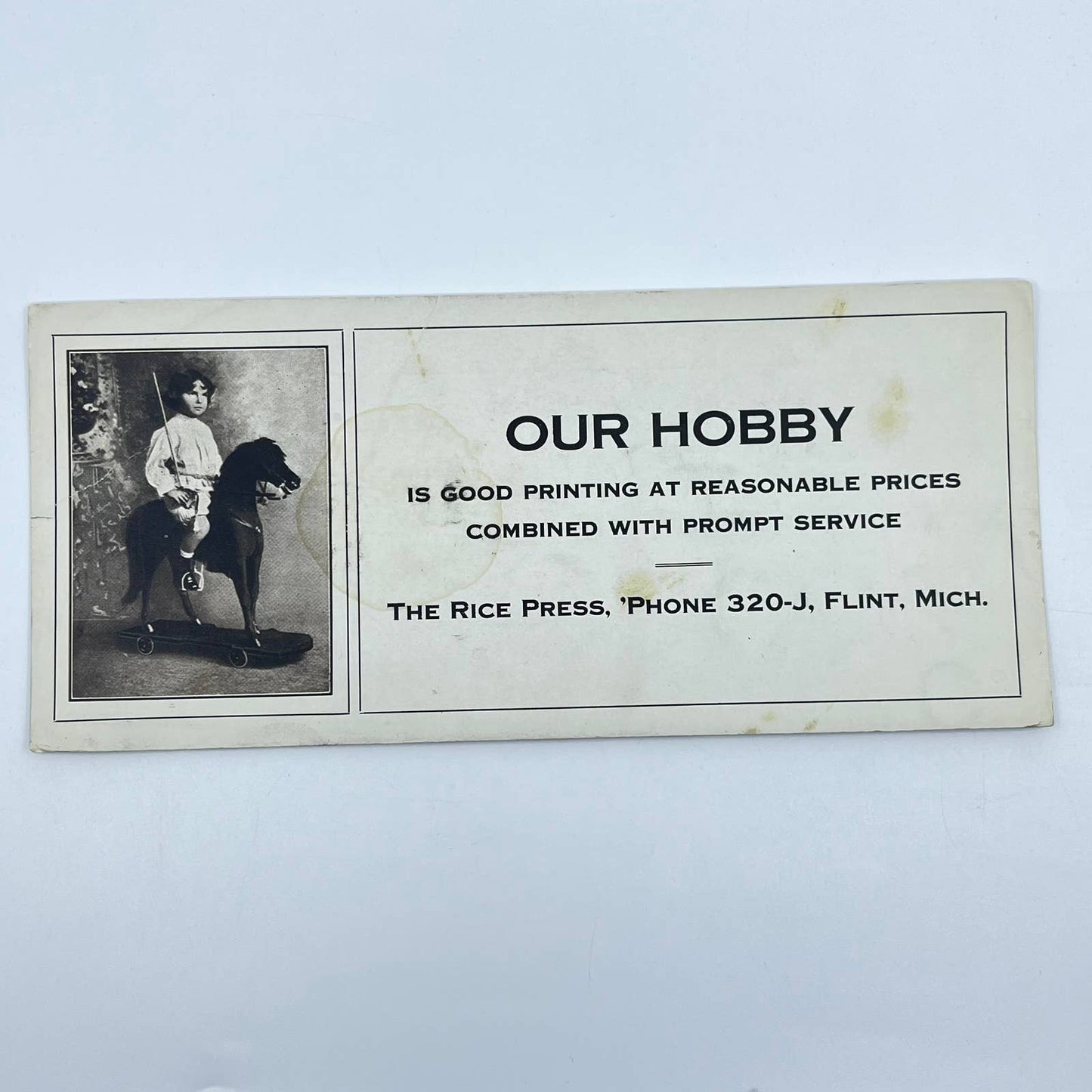1910s Blotter Card The Rice Press Boy Riding Toy Horse Flint MI SC8