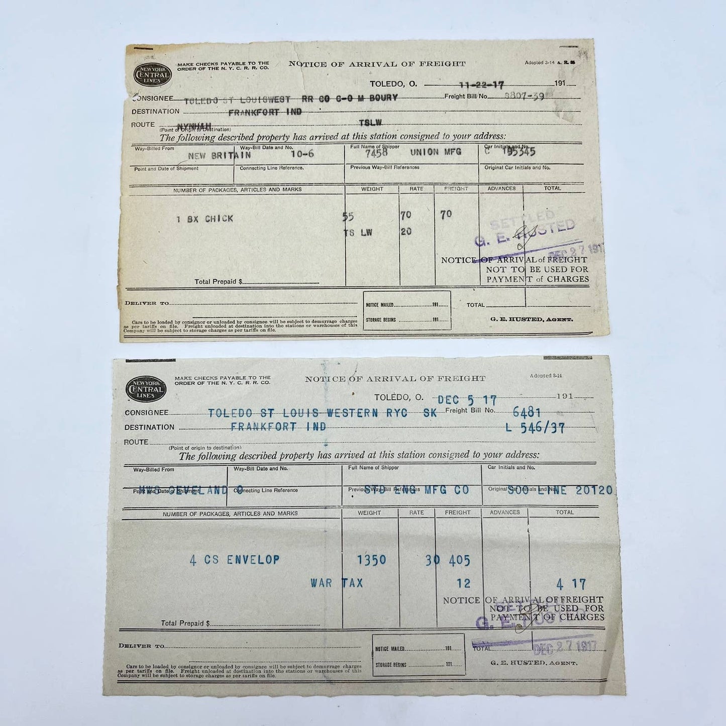 1917 Toledo, St. Louis & Western Railroad RR Arrival Notice Lot of 2 AA9