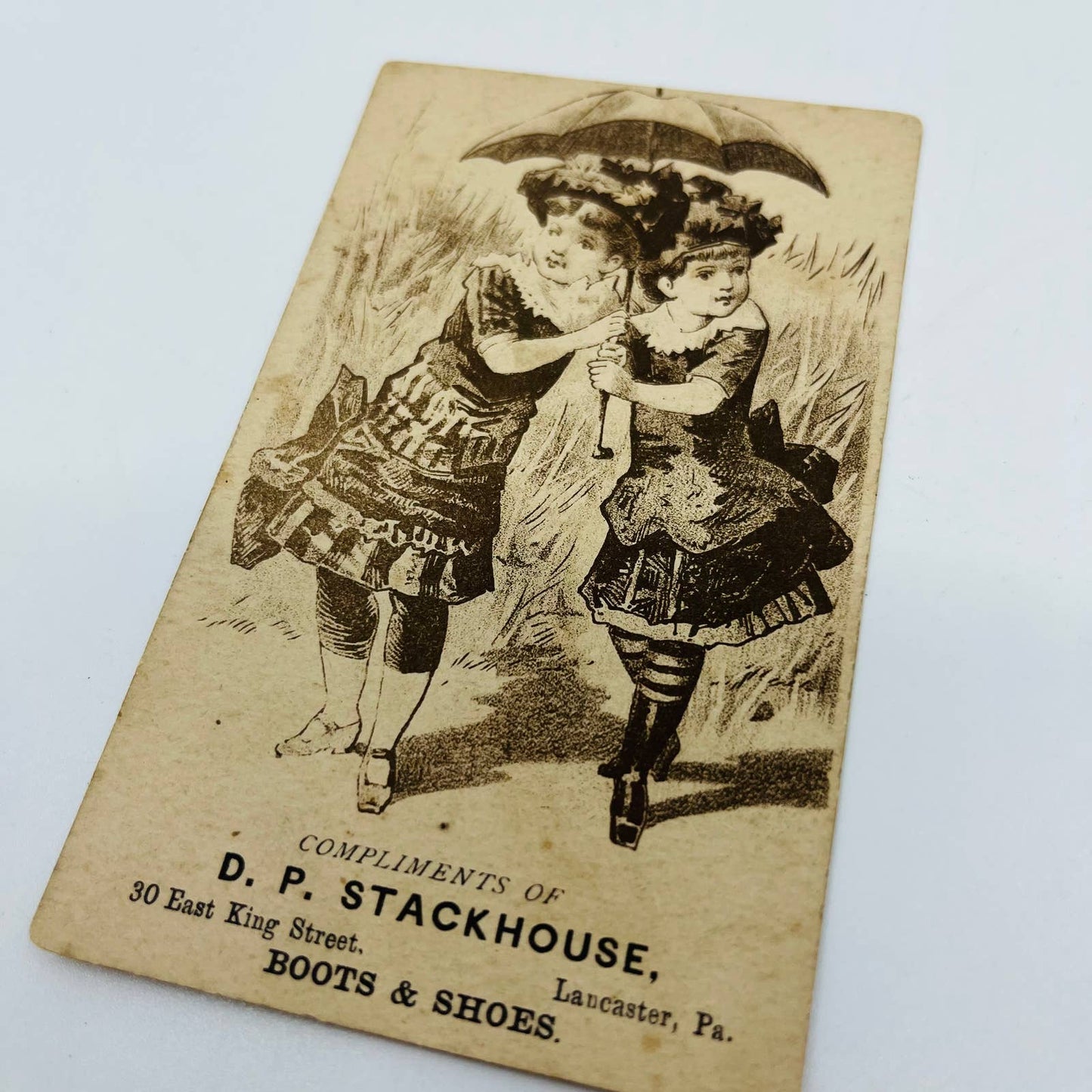 1880s Victorian Trade Card Lancaster PA DP Stackhouse Twin Girls w Umbrella AA2