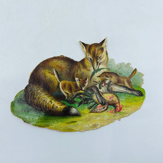 1880s Embossed Victorian Die Cut Fox with 2 Kits and Dead Chicken 3x4.5” AH9-M9