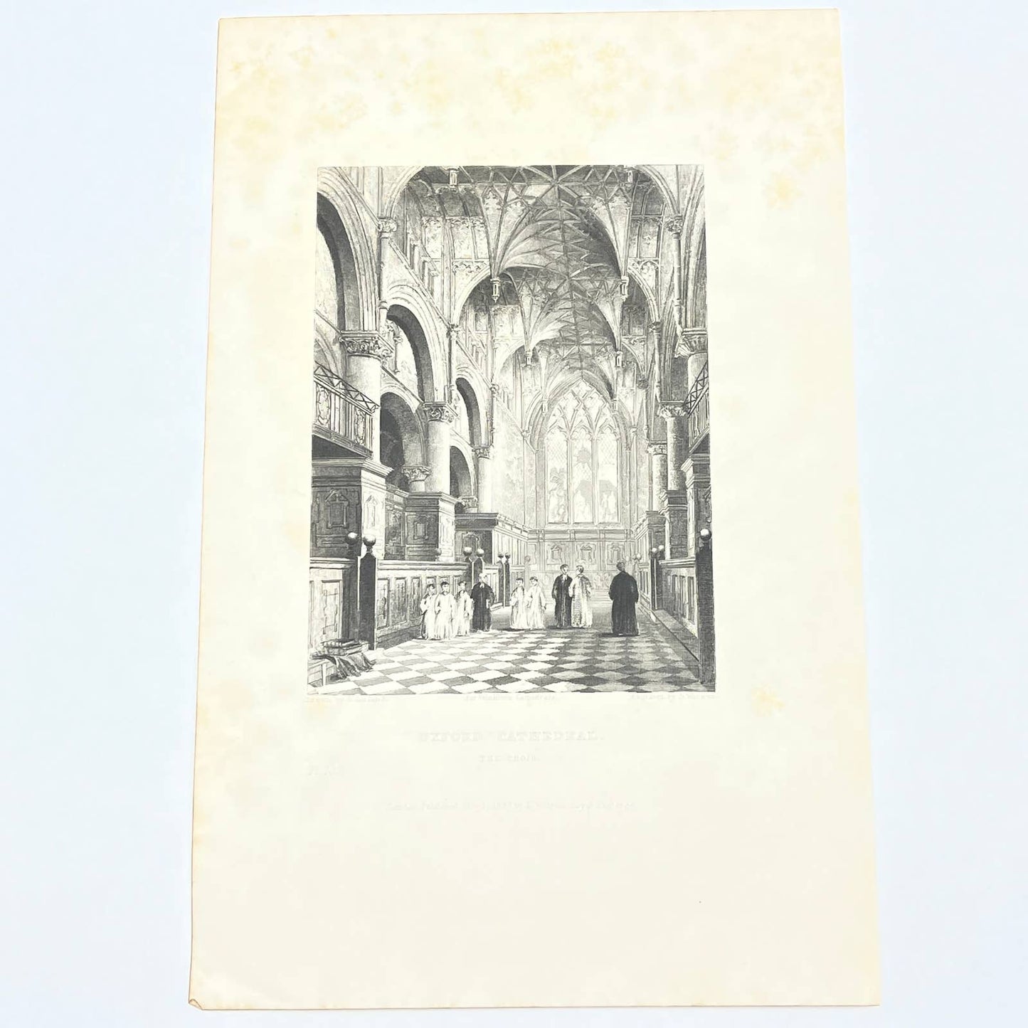 1836 Original Art Engraving Oxford Cathedral View of the Choir AC4
