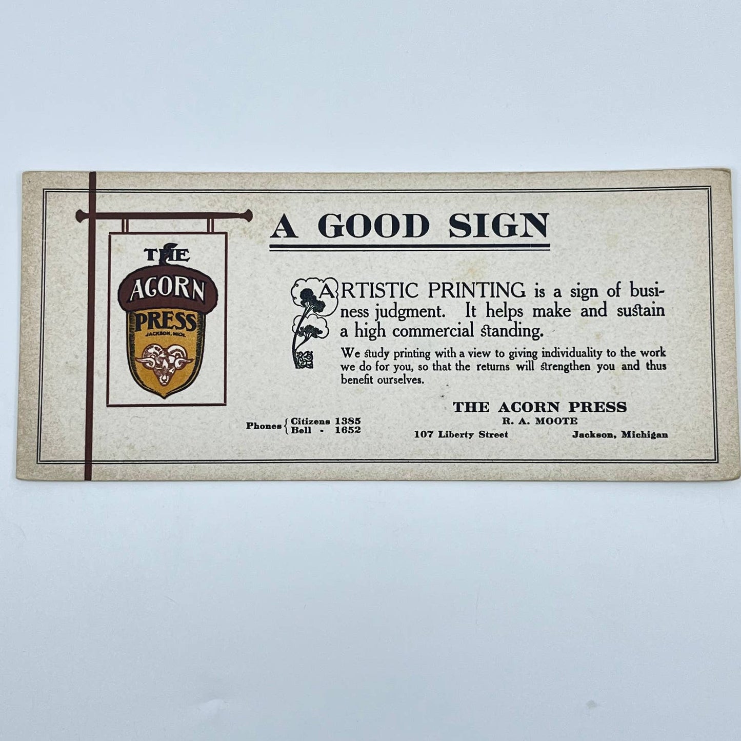 c1900 Blotter Card R.A. Moote The Acorn Press A Good Sign Jackson MI SC8