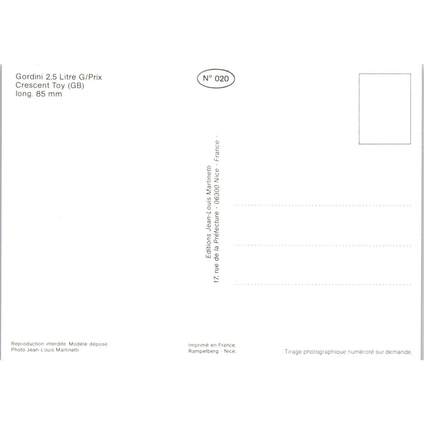 Gordini 2.5 Litre Crescent Toy French Toy Race Car Original Postcard TK1-P18