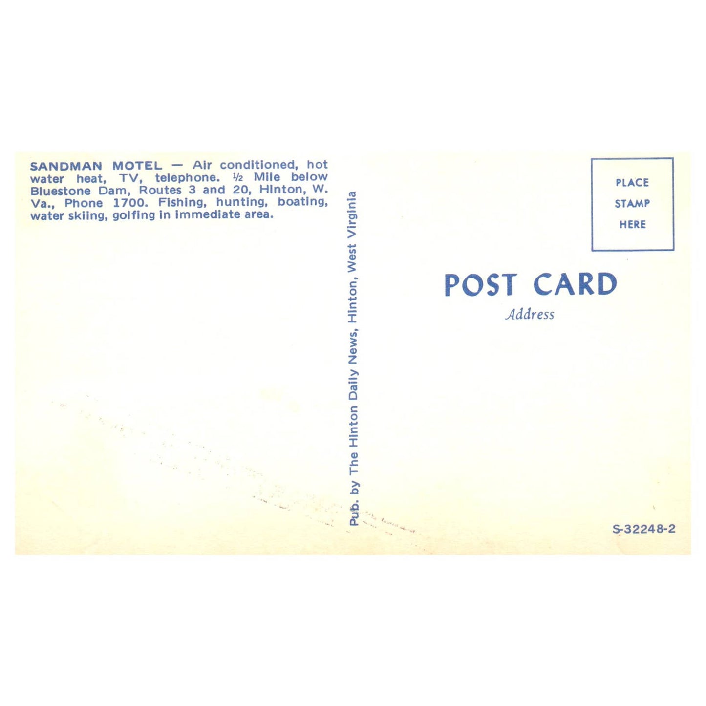Vintage Postcard - Sandman Motel Hinton West Virginia AD9