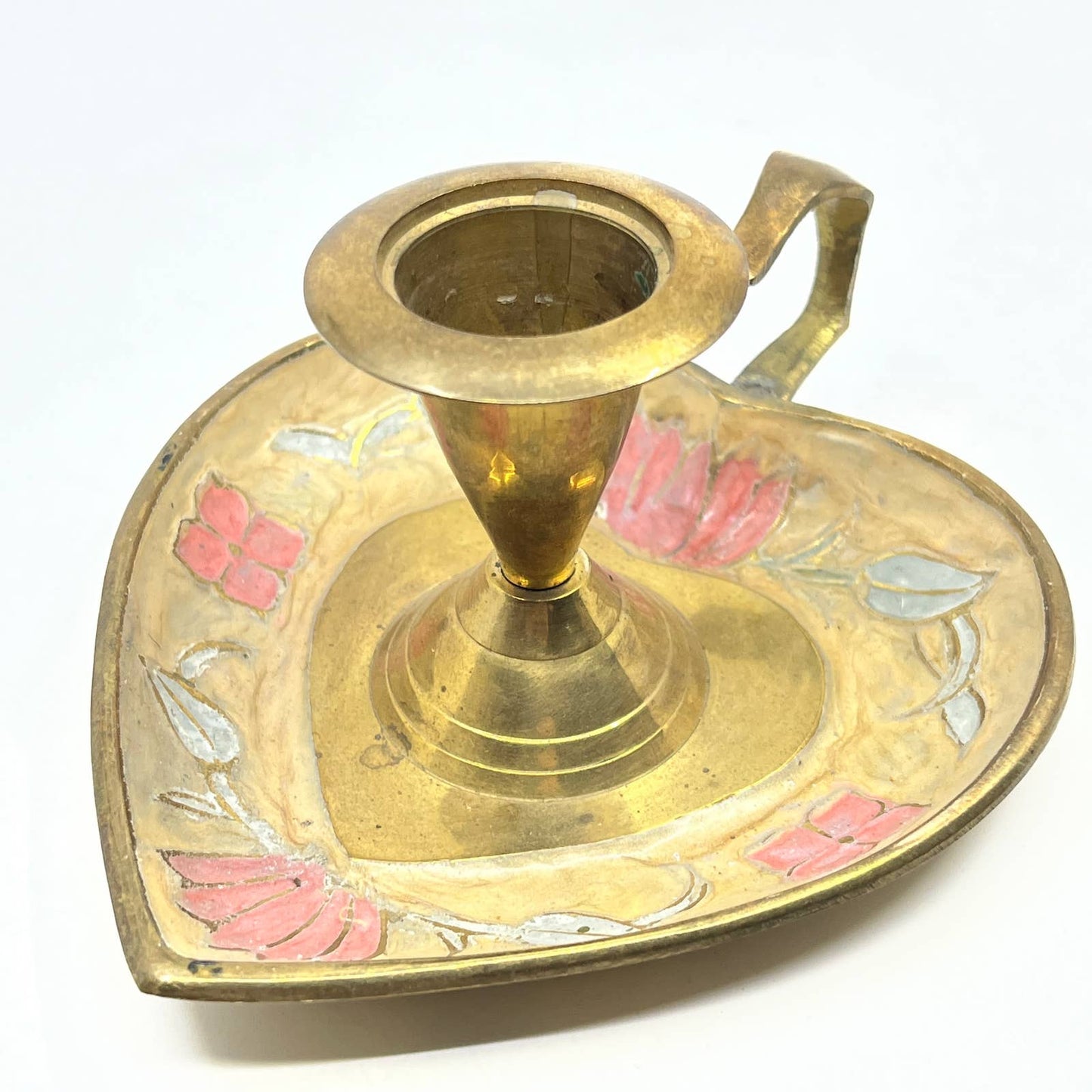 Vintage hand painted brass and enamel Cloisonne Style Heart candle holder TG3
