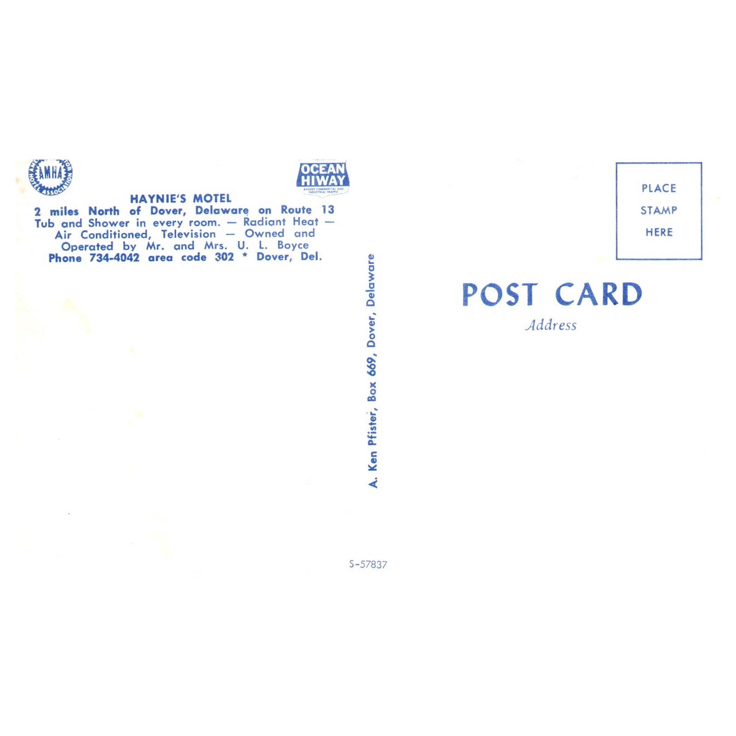 Vintage Postcard - Haynie's Motel U.L. Boyce Dover Delaware TJ7-1