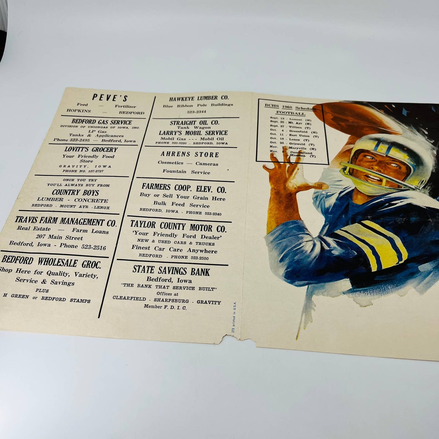 1968 Coca Cola FOOTBALL BCHS Schedule Bedford Bulldogs Greenfield Tigers IL C3